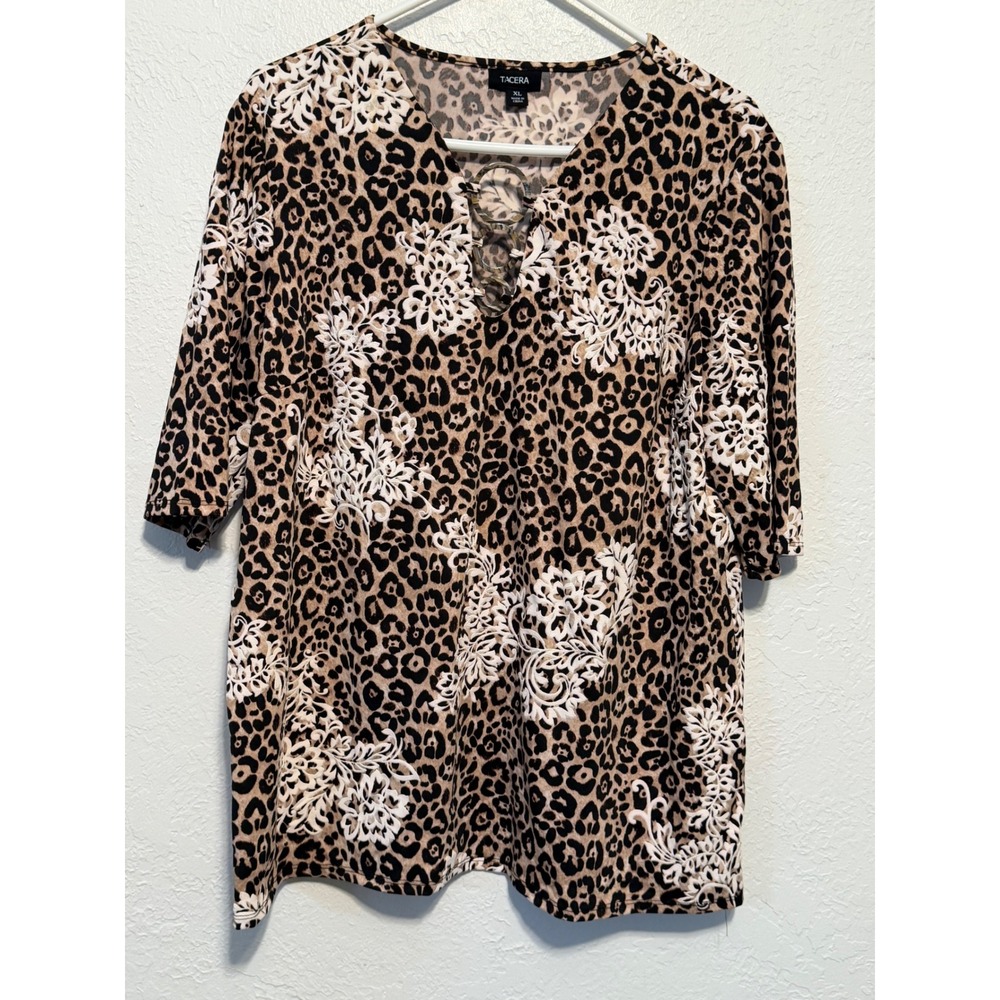 Tacera Womens Leopard Floral Print V-Neck Top Brown XL 10948ELDTQ